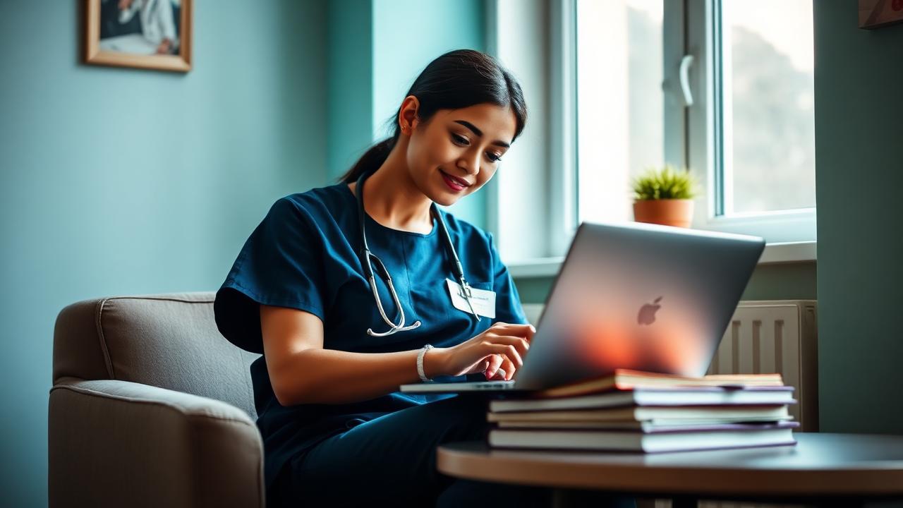 Enfermeira brasileira sorrindo segurando um laptop, estudando para o exame NCLEX-RN