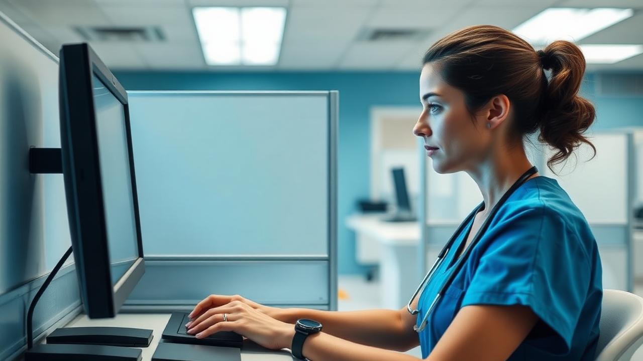 Enfermeira concentrada em cubículo de centro de testes computadorizado