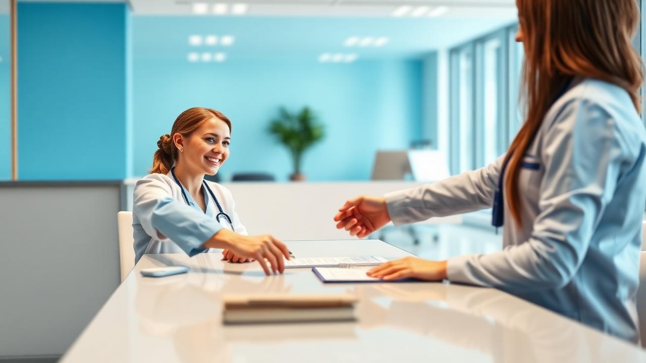 Enfermeira preenchendo formulário online de visto no computador