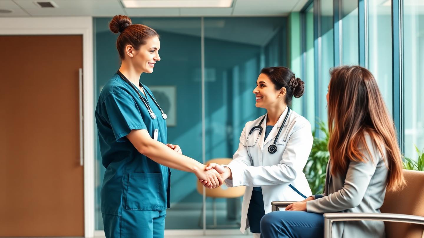 Enfermeira apertando a mão de representante de hospital após aceitar proposta de emprego